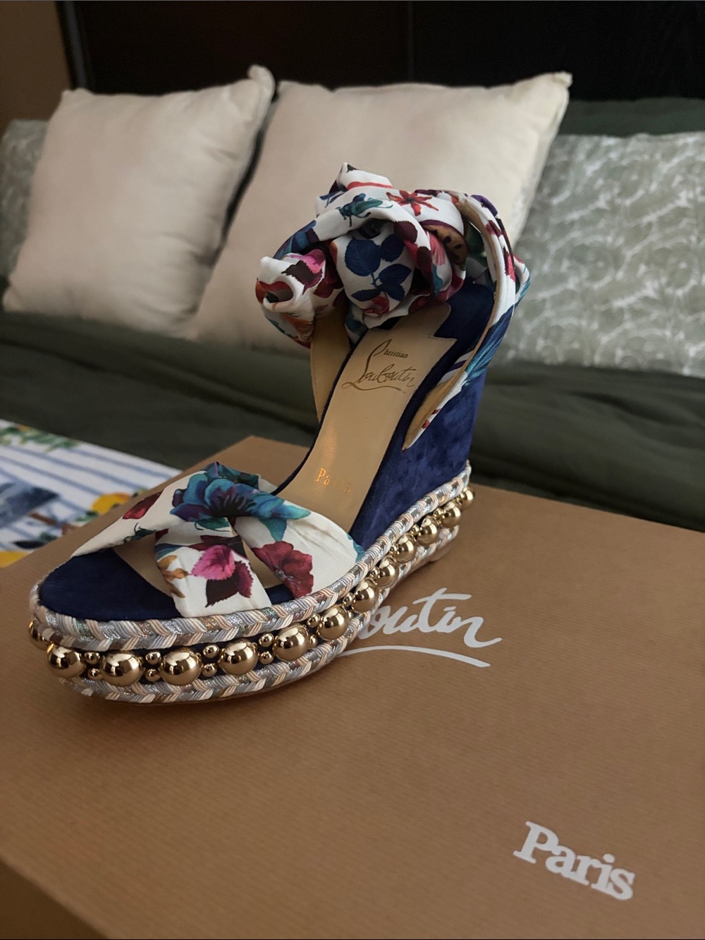 Christian Louboutin Navy Suede Wedge Sandals with Multicolor Floral Silk Wrap - Picture 2 of 2